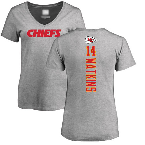 Women Football Kansas City Chiefs #14 Watkins Sammy Ash Backer V-Neck T-Shirt->nfl t-shirts->Sports Accessory